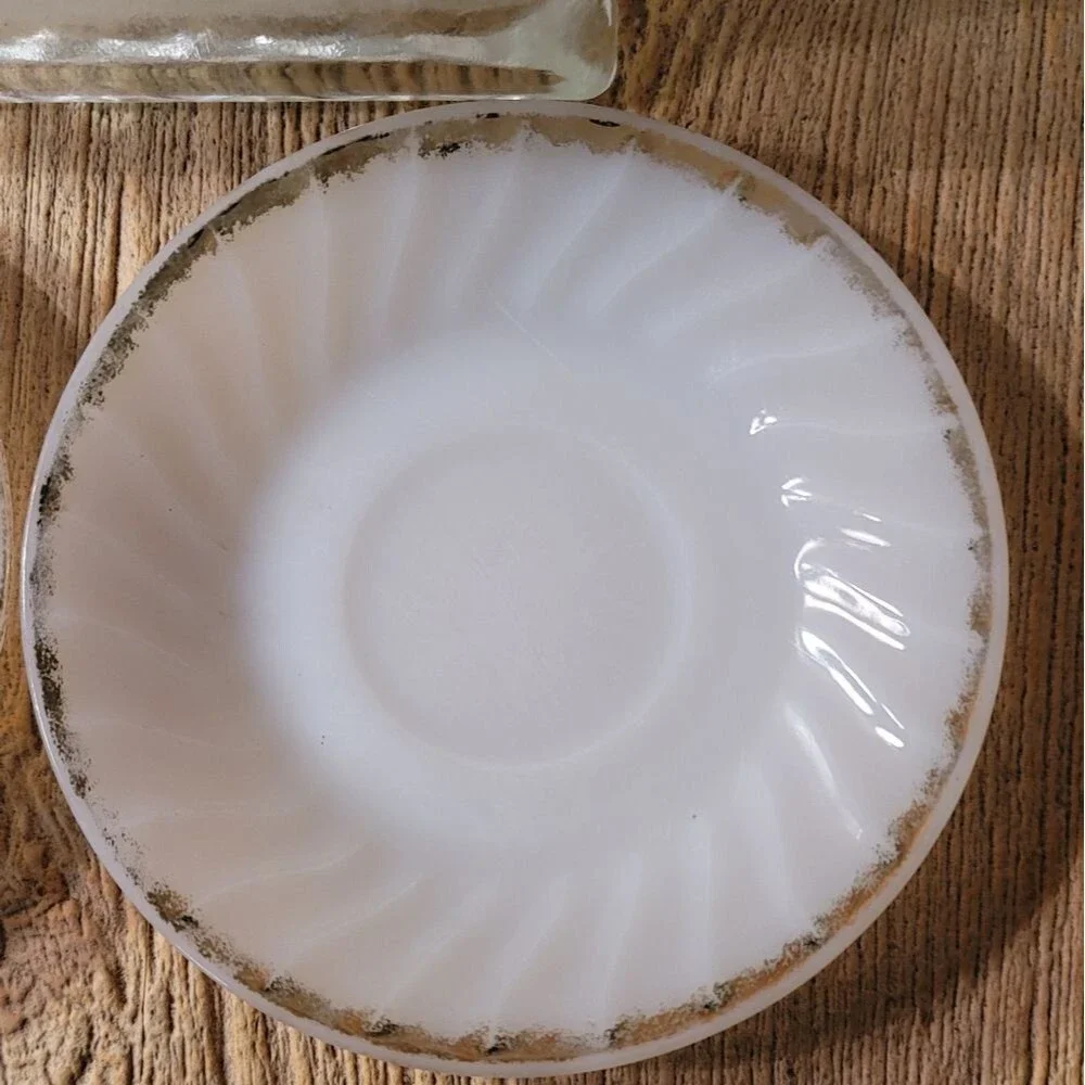 Fire King White Milk Glass rimmed in 24 ct Gold. Tea / Coffee plates. Set of 3.